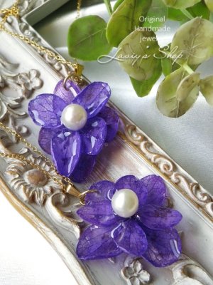 画像4: Real flower accessory*紫陽花とアコヤ真珠のネックレス