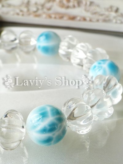 画像2: 大珠高品質ラリマールとカービング水晶のメンズブレスレット
