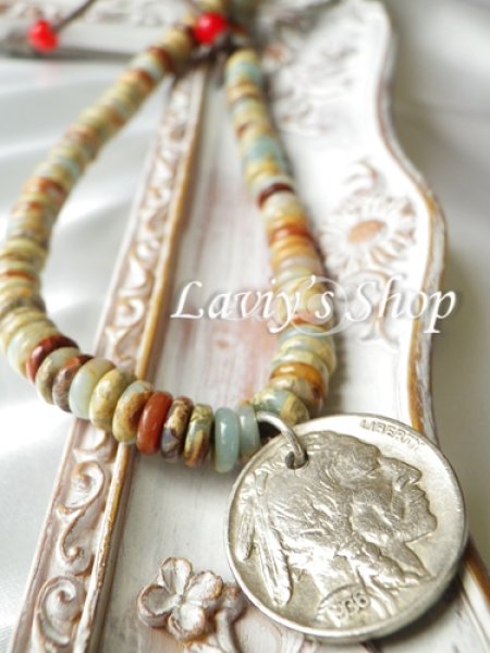 画像3: インプレッションストーンとアンティークメダルのワックスコードネックレス (3)