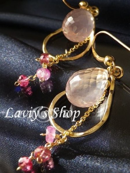 画像2: 大粒ローズクォーツブリオレットとピンクGemのデザインピアス (2)